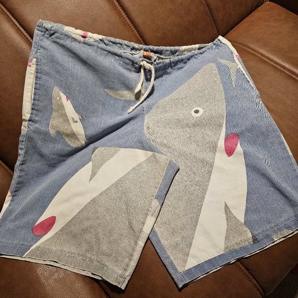 80s Michigan Rag Shark Print Shorts Loose Beach Jaws USA Made Large Men New Wave